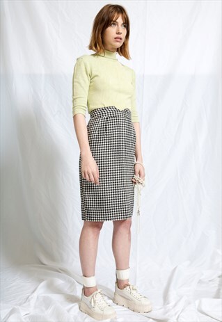 PLAID MONOCHROME HIGH WAISTED MIDI SKIRT