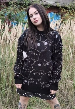 Pig sweater animal top cable knit funky jumper in black
