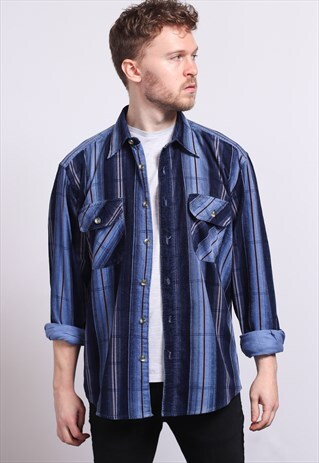 VINTAGE CORDUROY CORD STRIPED SHIRT BLUE