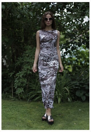 VINTAGE 70'S PATTERNED SLEEVELESS MAXI DRESS