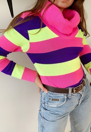 VINTAGE 60S MOD MULTICOLOR NEON STRIPED KNIT ROLLNECK JUMPER