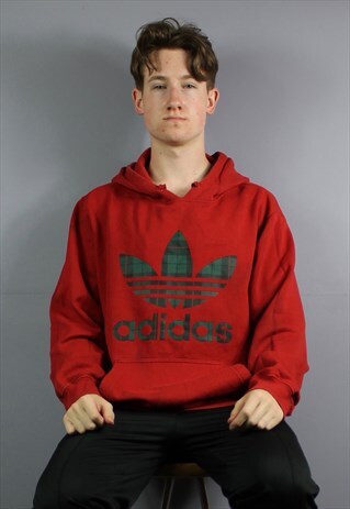 VINTAGE ADIDAS HOODIE IN RED WITH PRINTED LOGO AND POUCH POC