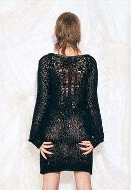 Vintage Y2K Net Knitted Long Jumper Dress in Black