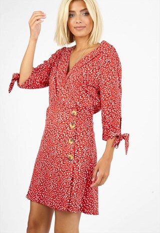 RED SPOT BUTTON DETAIL MINI DRESS