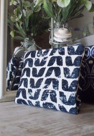Navy pattern Chenille Double purse make up bag