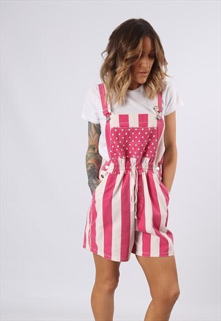 DENIM DUNGAREE SHORTS STRIPED POLKA DOT UK 10 - 12 (5EO)