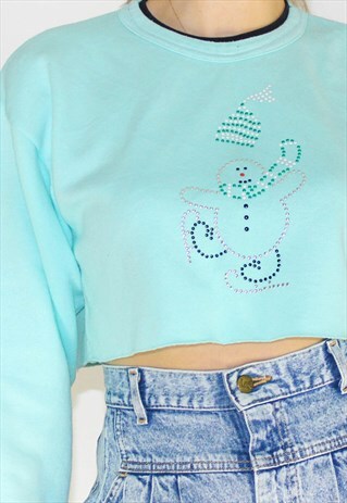 VINTAGE 90'S AQUA MERRY CHRISTMAS CROPPED SWEATSHIRT