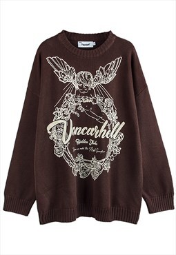 Brown Graphic Distressed Oversized Jumper Y2k