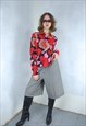 VINTAGE Y2K FLORAL PRINT ABSTRACT FITTING BLOUSE IN HOT RED