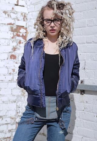 NAVY SATIN LOOK BOMBER JACKET