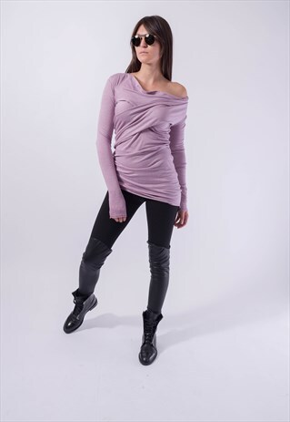 PURPLE BLOUSE SLIM SHIRT OPEN SHOWDERS TOP TUNIC F1831