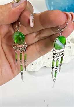 Y2K Silver and Green Glass Tassel Boho Drop Earrings