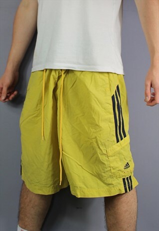 VINTAGE ADIDAS SHORTS IN YELLOW WITH POCKETS, EMBROIDERED LO