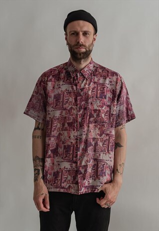 VINTAGE 70S FESTIVAL BOHO SHIRT IN PURPLE EGYPTIAN PRINT