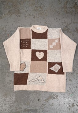 Vintage Abstract Knitted Jumper Cottagecore Patterned Beige