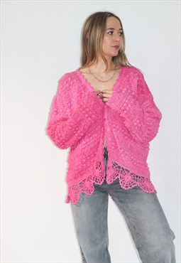 Hand Knitted Pure  Cotton Crochet Pink Knitted Cardigan