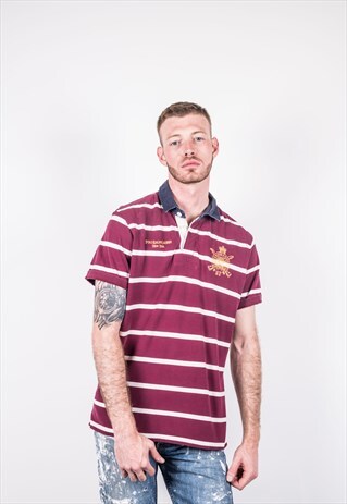 VINTAGE 1990S RALPH LAUREN MAROON STRIPED POLO SHIRT