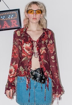 Vintage Y2K flowy festival floral print blouse in burgundy