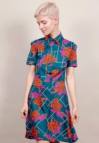 VINTAGE 70'S MULTICOLOUR GEO PRINT COLLARED MIDI DRESS