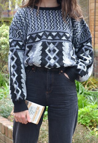 80S VINTAGE BLACK & GREY ABSTRACT KNIT JUMPER