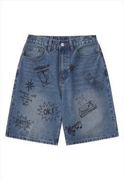Graffiti denim shorts Y2K print cropped skater pants in blue