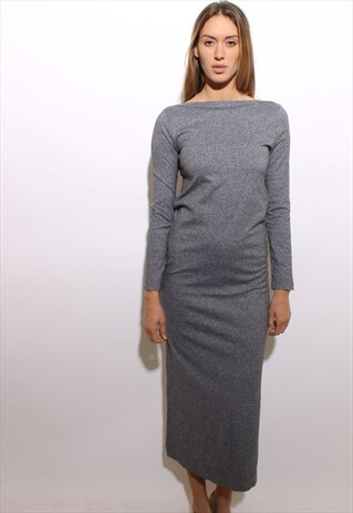 VINTAGE 90S GREY COTTON MAXI DRESS LONG SLEEVES S-M