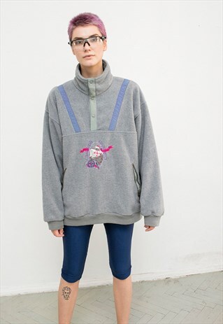 VINTAGE WINTER FLEECE SWEATER JUMPER GREY OVERSIZED PULLOVER