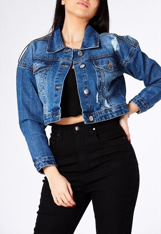 MID WASH BLUE DISTRESSED OVERSIZED CROPPED DENIM JACKET