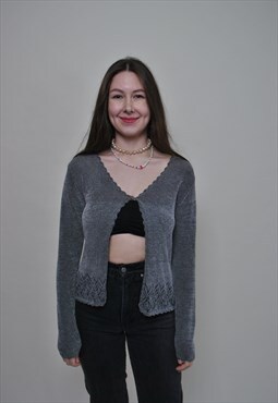 Minimalist knitted blouse, grey color floral light cardigan 