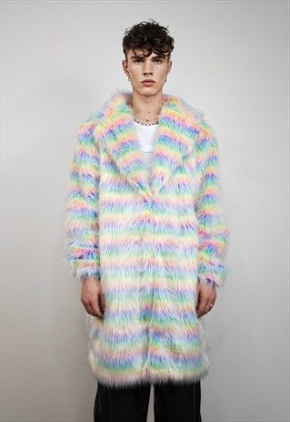 STRIPED FAUX FUR COAT LONGLINE PASTEL STRIPE CARNIVAL JACKET