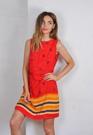 VINTAGE SLEEVELESS RED STRIPE PRINT MIDI DRESS