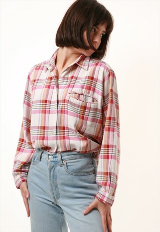 80S VINTAGE CHECKED COTTON PRINT BLOUSE SHIRT 1163