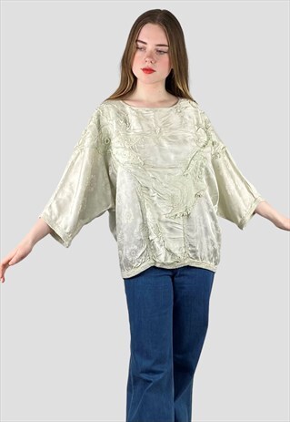 80's Pale Green Oversized Vintage Batwing Floral Top