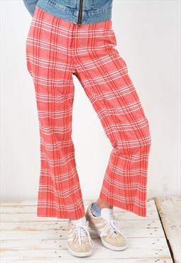 Women's S Trousers Pants Bottoms Check Plaid Red Bootcut