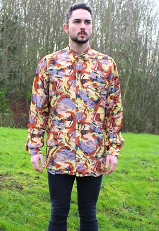 VINTAGE 80S SILK ART NERD SHIRT - MEDIUM / LARGE