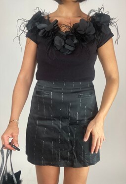 Free Shipping-Vintage Late 90s Satin Glitter Skirt in Black 