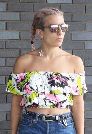 VINTAGE 1990S CROPPED OFF THE SHOULDER FRILL TOP