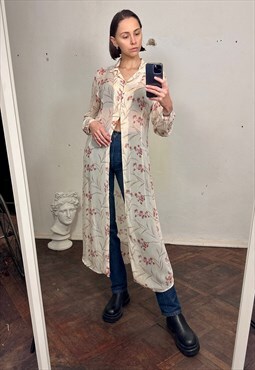Long Sheer White Floral Dress, Beach cover up