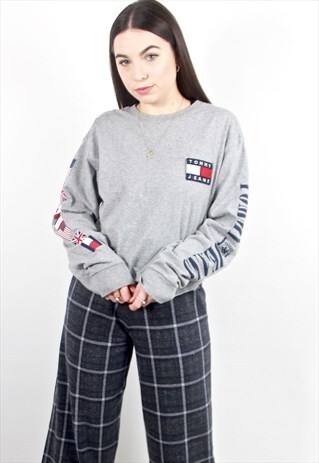 90'S RARE RETRO GREY SPELL-OUT LOGO LONG-SLEEVED TOP