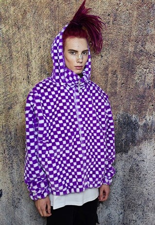 CHECK FLEECE HOOD JACKET REVERSIBLE FLUFFY CHESS BOMBER