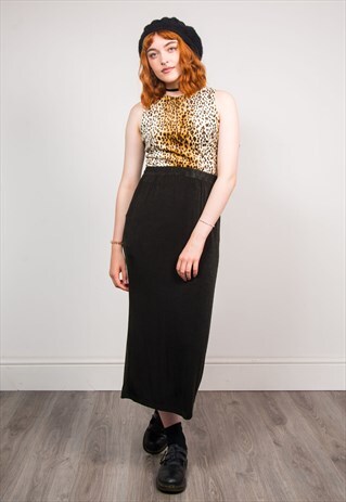 90'S VINTAGE BLACK STRETCH HIGH WAIST MIDI SKIRT