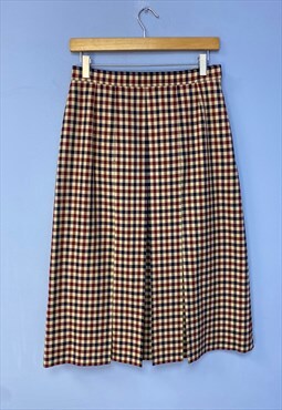 Vintage Skirt Cream Navy Red Check High Waist Pleated