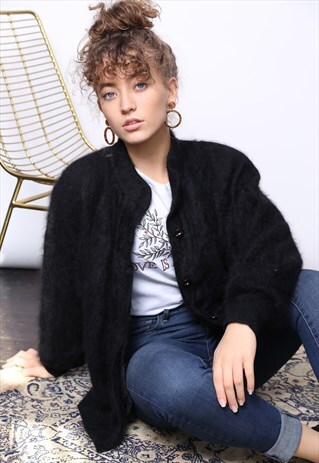 VINTAGE 80S BLACK MOHAIR WOOL CARDIGAN