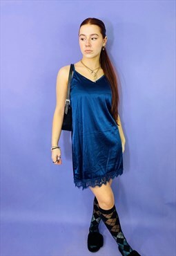 Vintage 90s Blue Satin Lace Trim Mini Slip Dress