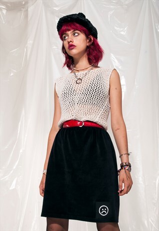 VINTAGE VELVET SKIRT 80S REWORKED SAD FACE PATCH MIDI