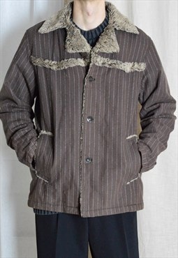 Y2K Brown Striped Faux Fur Mens Jacket