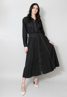 80's Original Black Long Sleeve Shirt Style Midi Dress