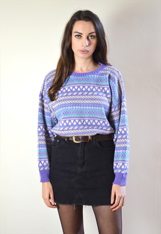 80S VINTAGE PURPLE & YELLOW PATTERN KNIT JUMPER