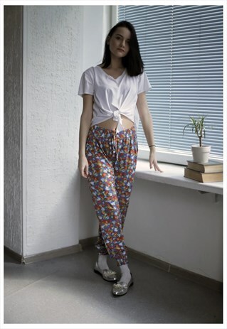 VINTAGE 90'S MULTI COLOUR FLOWER PRINT SUMMER TROUSERS