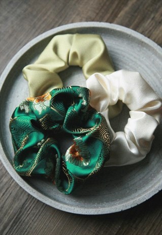 ORIENTAL GREEN SATIN SCRUNCHIE STACK